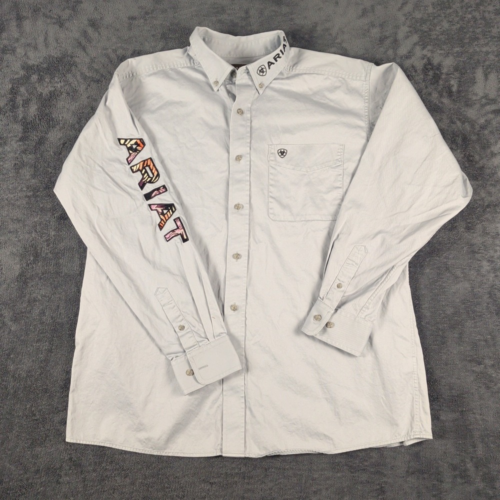 Ariat Shirt Mens XL Gray Western Twill Button Up Embroidered Logo Long Sleeve
